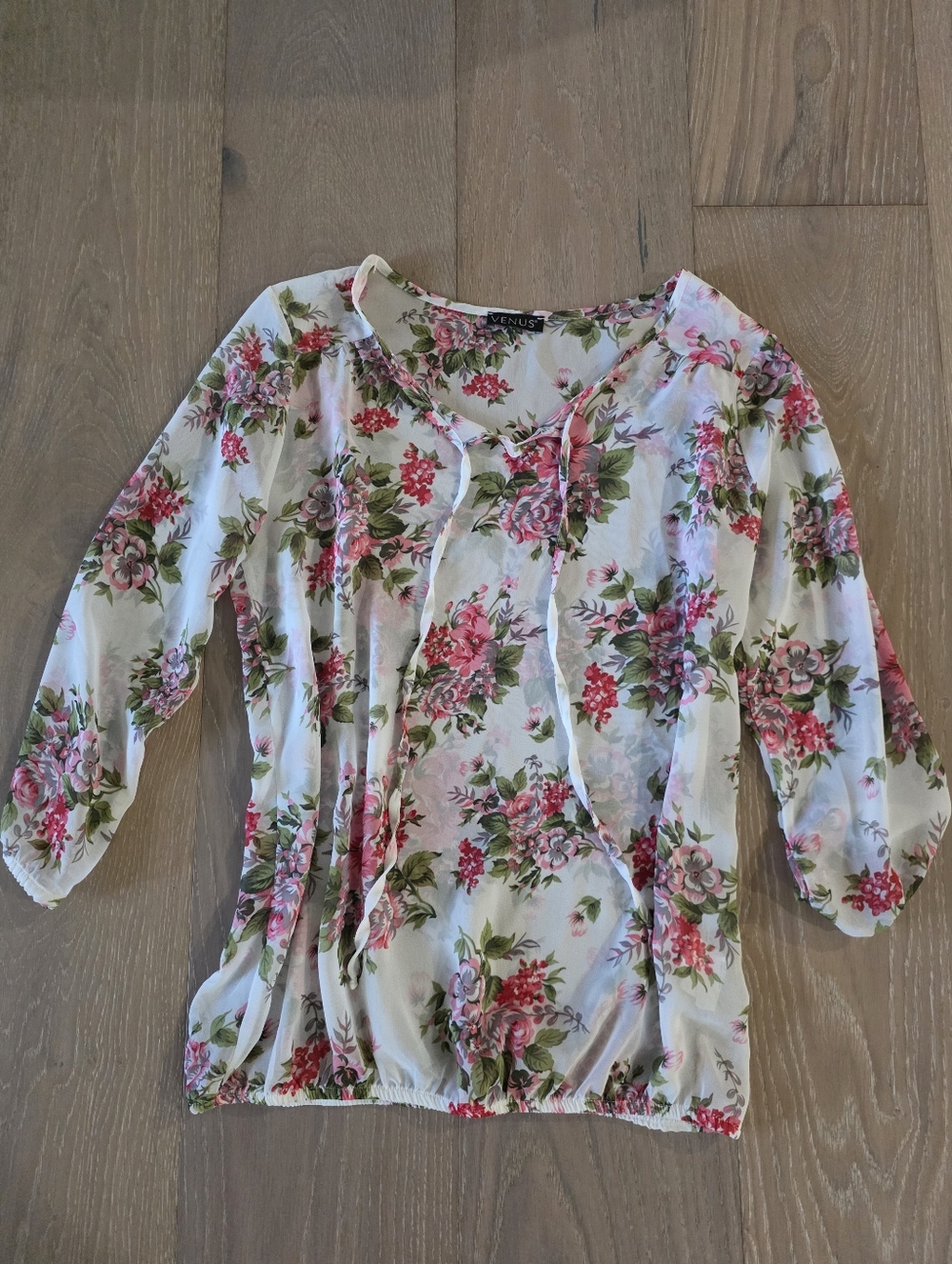 VENUS White Floral Peasant Blouse with Pink & Green Flowers